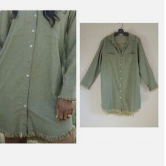 Womens Olive Green Long-Sleeve Button-Down Frayed Hem Shirt Dress - Picture 1 of 7